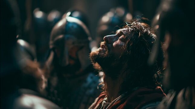 Jesus Christ wearing a crown of thorns surrounded by Roman soldiers in a dramatic scene