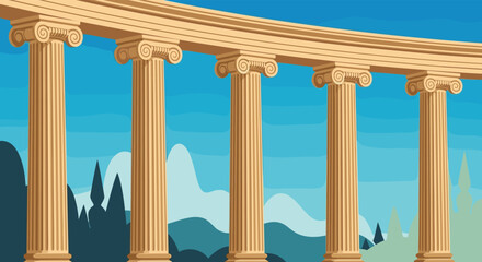 Fototapeta premium Panoramic view of several ancient classical architectural columns with ionic capitals standing against a blue sky and mountain backdrop.