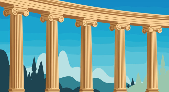 Panoramic view of several ancient classical architectural columns with ionic capitals standing against a blue sky and mountain backdrop.