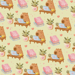 Fototapeta premium Cute Watercolor Capybara Labor Day Seamless Pattern Set with Work, Gardening, Coffee and Office Elements