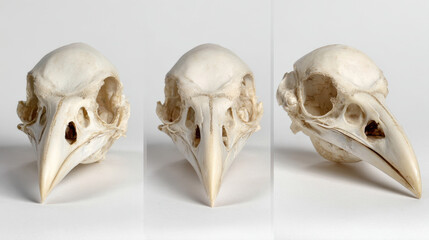 Obraz premium Raven or crow bird skull anatomy display shown from three different angles including front view and side profile, isolated on a clean white background for scientific, educational or gothic study