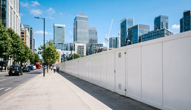 Blank white construction site hoarding fence panels mockup