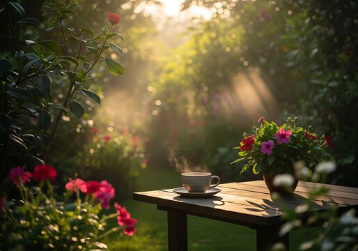 A hot cup of coffee on a wooden table in a beautiful green garden with colorful flowers in the morning sun. kaffe pause