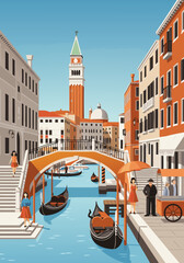A serene vector illustration of a Venetian canal scene with buildings, bridge, gondolas, and people. © Purnomo Semlirick