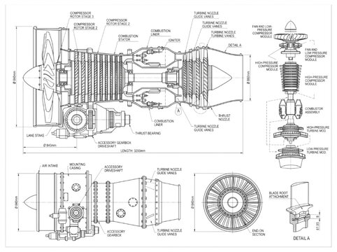 Technical CAD blueprint of a high-bypass turbofan jet engine assembly showing cross-section and component specifications