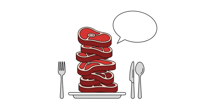 Plate with a tall stack of raw steak pieces between a fork and knife with an empty white speech bubble for custom text messages.