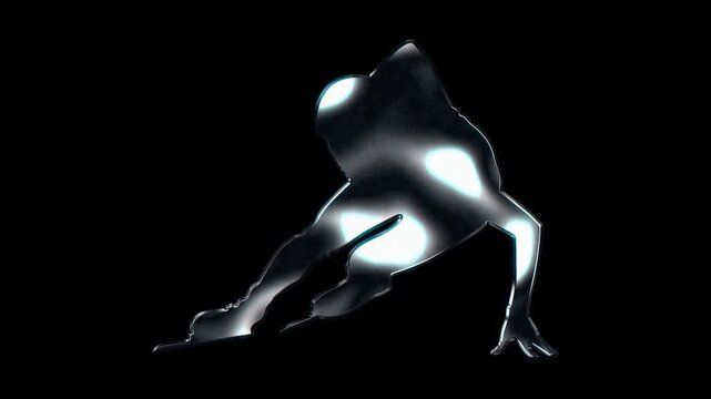 Silver metallic short track speed skater leaning into turn silhouette. Alpha channel. Seamless loop video.