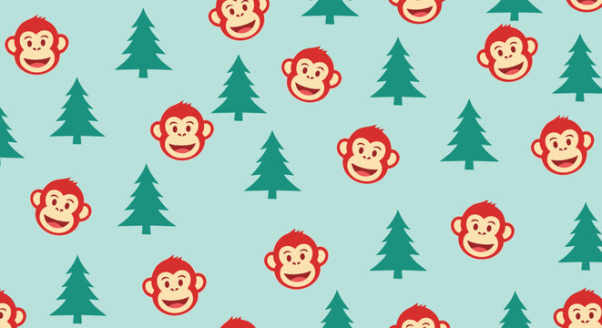 Playful seamless background pattern featuring smiling red monkey faces and green pine trees on a light blue colored surface.