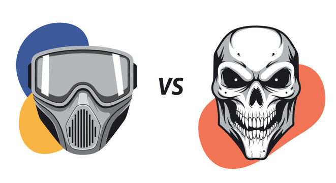 Visual comparison between a futuristic tactical protective mask and a menacing grey human skull against abstract colorful backgrounds.