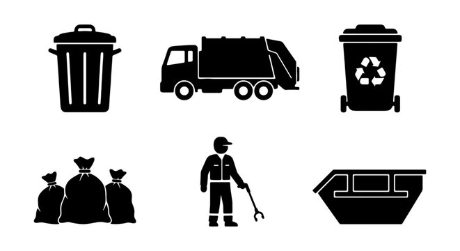 Waste Management Icons: Garbage Truck, Bins, Bags, Worker, Skip Bin Vector Set