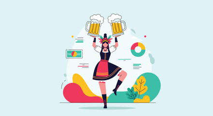 Fototapeta premium Joyful woman in a traditional dirndl outfit dances while holding up two large overflowing mugs of golden beer.