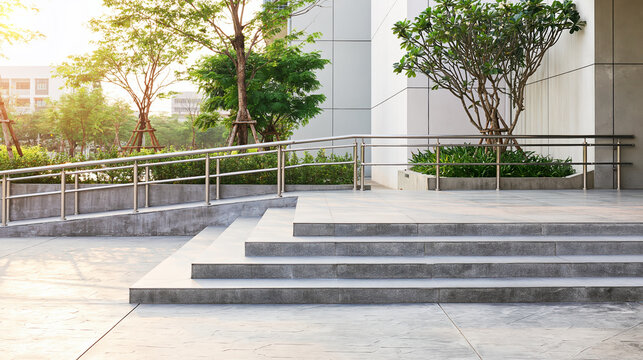 Accessible public entrance ramp handrail stair building exterior clean modern landscape sunlight