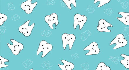 Fototapeta premium Cheerful seamless pattern of smiling white cartoon teeth on a vibrant turquoise blue background.