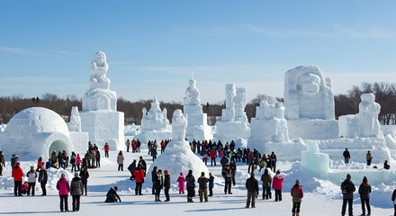 Obraz premium Vast outdoor winter festival showcasing magnificent ice and snow sculptures, attracting numerous visitors enjoying the artistic frozen wonderland