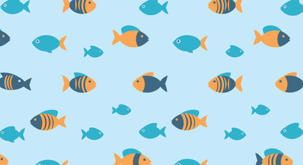 Fototapeta premium Colorful pattern of various cartoon fish swimming across a light blue aquatic background.