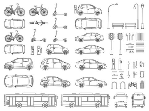 Collection of urban transportation and street furniture elements for architectural CAD technical drawing layouts
