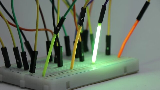 LED filament tubes lighting up in order on a breadboard circuit connected with jumper cables. Glowing led tubes in a sequence