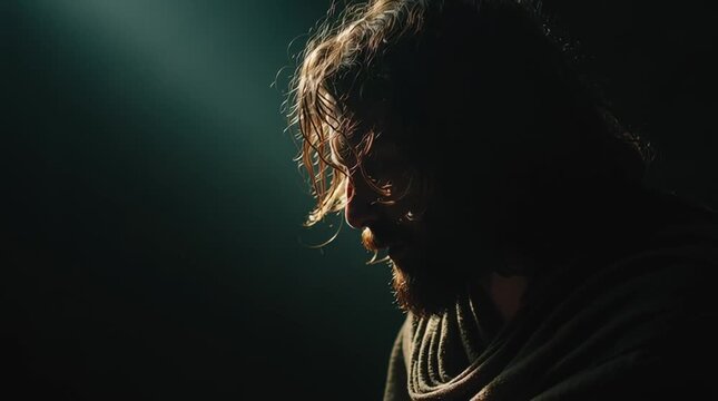 Man with long hair and beard in dramatic lighting with dark background