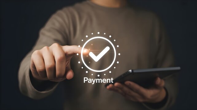 Person interacting with a digital payment success icon on a tablet screen in a dark minimalist environment representing secure financial transactions
