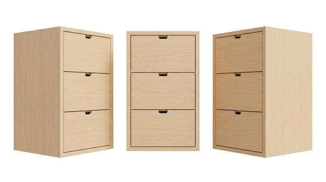 Set of 3 multi-angle views of modern minimalist wood bedside nightstand chest drawers storage furniture, transparent background, PNG