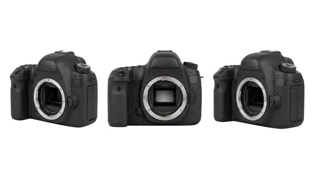 Set of 3 multi-angle views of professional dslr camera with digital zoom lens photographic optical asset, transparent background, PNG