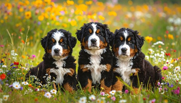 Three adorable fluffy puppies with distinctive markings sit amidst a field of vibrant wildflowers, bathed in natural light