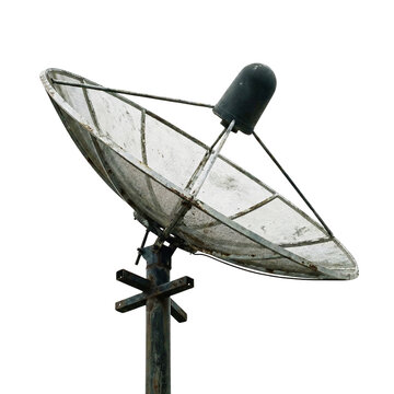 Rusty satellite dish on metal pole for telecommunication signal reception isolated on transparent background