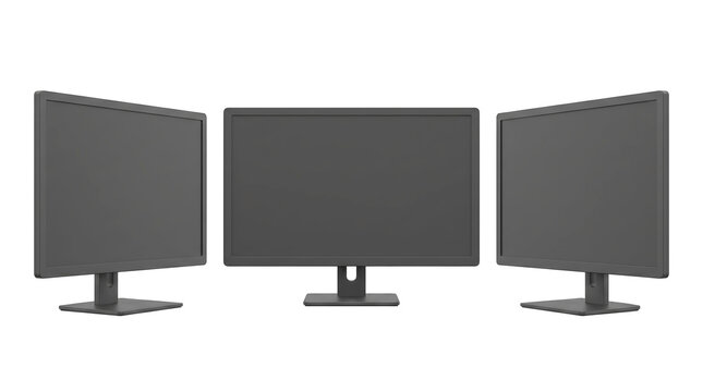 Set of 3 multi-angle views of modern sleek desktop computer monitor flat display panel screen interface layout, transparent background, PNG