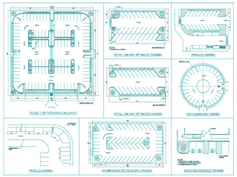 Detailed CAD engineering drawings illustrating diverse parking facility layouts, urban planning concepts, and architectural blueprints for efficient space utilization and traffic flow strategies