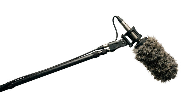 Professional shotgun microphone with a furry windscreen mounted on a boom pole isolated on transparent background