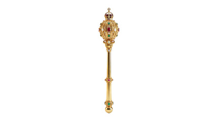 Fototapeta premium A magnificent golden ceremonial mace, intricately crafted with ornate filigree, encrusted with brilliant rubies, emeralds, and diamonds, topped with a royal crown, isolated on transparent background