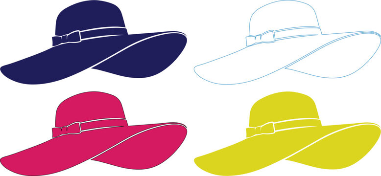 Elegant wide-brimmed sun hats vector collection, stylish summer fashion accessories, four colorful floppy hats for beach and vacation wear isolated on White Background