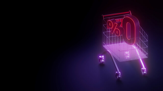This 3D illustration created with an orthographic camera features a shopping cart containing a zero percent symbol, representing interest-free payment and zero commission concepts in a clean, modern v