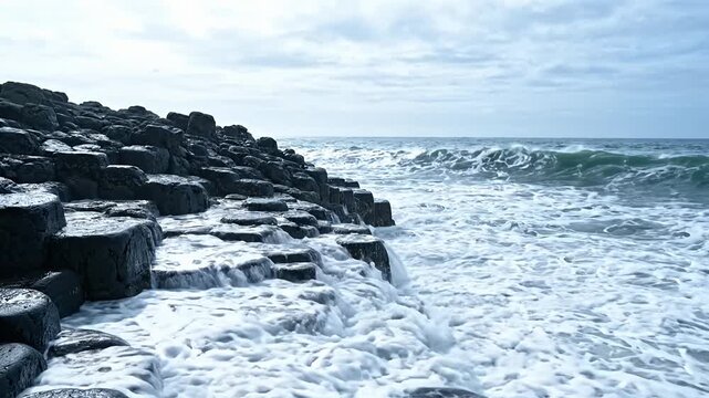 Ocean waves crashing against basalt columns. Sea water hitting stones. Powerful tides surging over rock.