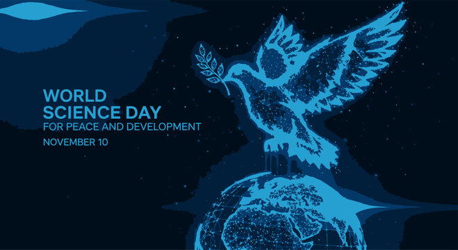 Digital world science day for peace and development illustration with a glowing wireframe globe and a technological dove of peace Peace Day