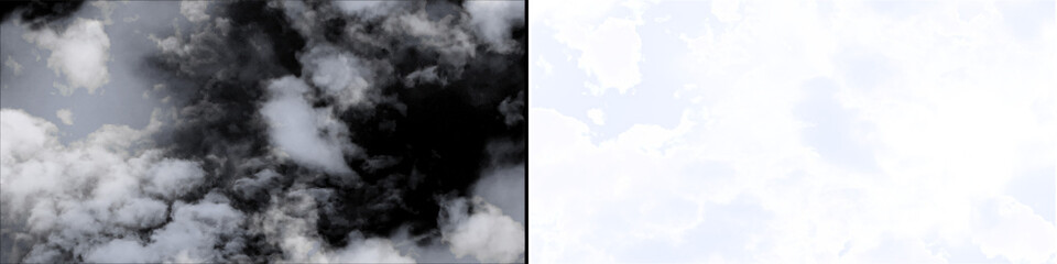 Fototapeta premium Natural white fluffy cloud transition overlay for video production with alpha transparency on isolated black.