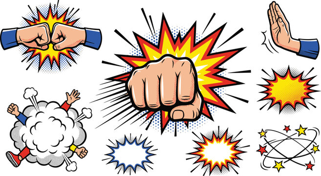 Retro Pop Art Comic Punch and Fist Bump Vector Icon Set with Explosion Bubbles Fight Dust Clouds and Star Elements for Action Graphic Designs