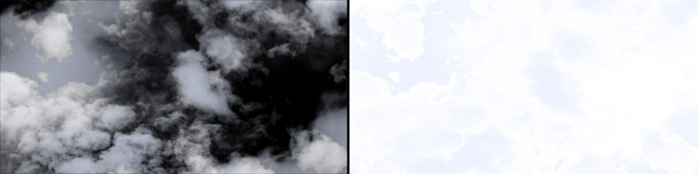 Natural white fluffy cloud transition overlay for video production with alpha transparency on isolated black.
