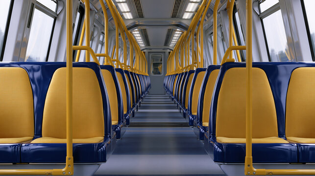 Empty train interior, clean public transport cabin with yellow and blue seat row, aisle, metal pole, modern design
