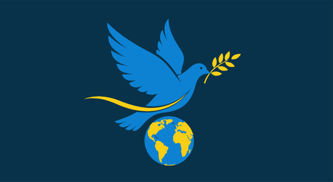 Blue dove with olive branch flying over world globe vector illustration on dark background for peace day Peace Day