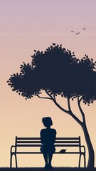 Obraz premium Silhouette of a lonely person sitting on a park bench under a tree at dusk.