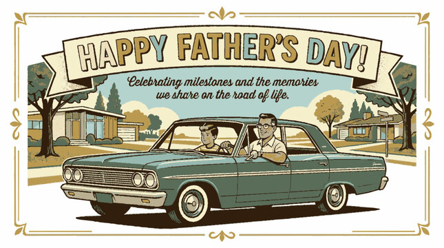 Vintage father's day greeting card featuring a retro illustrated car with a father and son driving through a suburban neighborhood