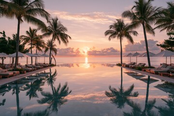 Fototapeta premium Tropical infinity pool at sunset with palm trees and luxury beach resort view