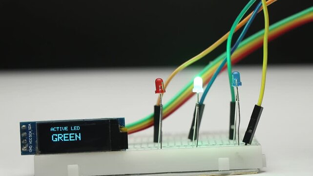 RGB LEDs glowing in sequence while an OLED display shows the active color pattern that demonstrates programming and electronics prototyping