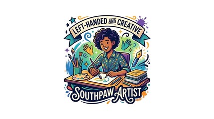 Southpaw Artist Left Handed and Creative Illustration with Art Tools