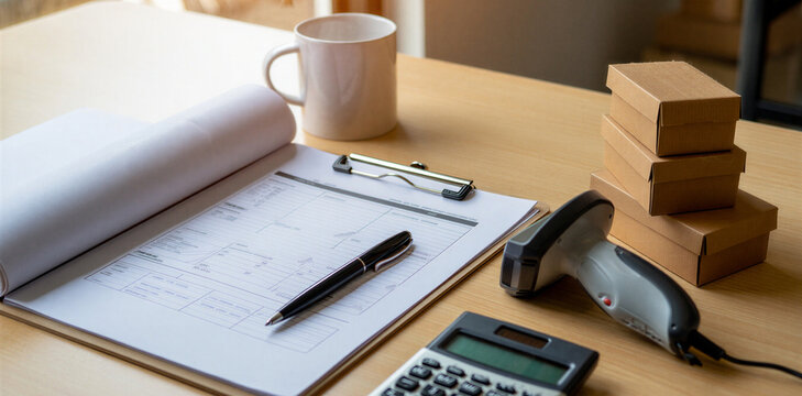Workplace desk setup with clipboard document scanner calculator coffee cup and stacked boxes clipboard document calculator workplace logistics business inventory shipping management