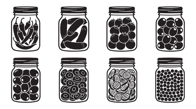 Collection of preserved food jars with pickled vegetables and fruits food storage jar set