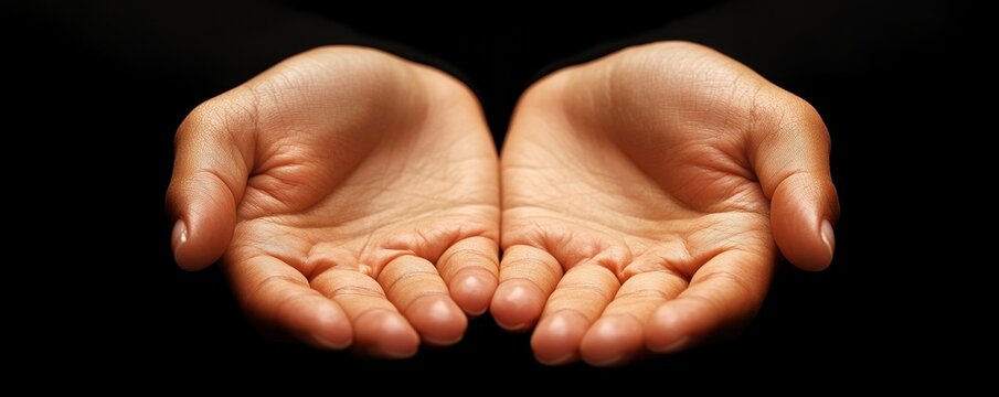 Pair of cupped hands with palms facing upwards against a black background.