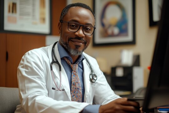 Smiling african american doctor sitting at his desk in a medical office with a computer