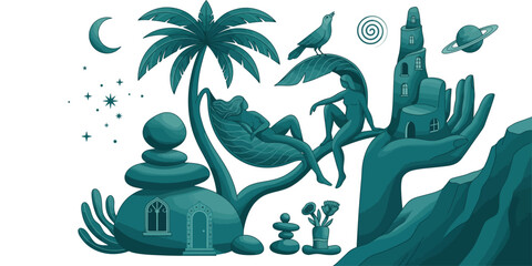 Colorful composition of exotic jungle animals and tropical plants in a stylized vector illustration © Pronob Kumar Ray